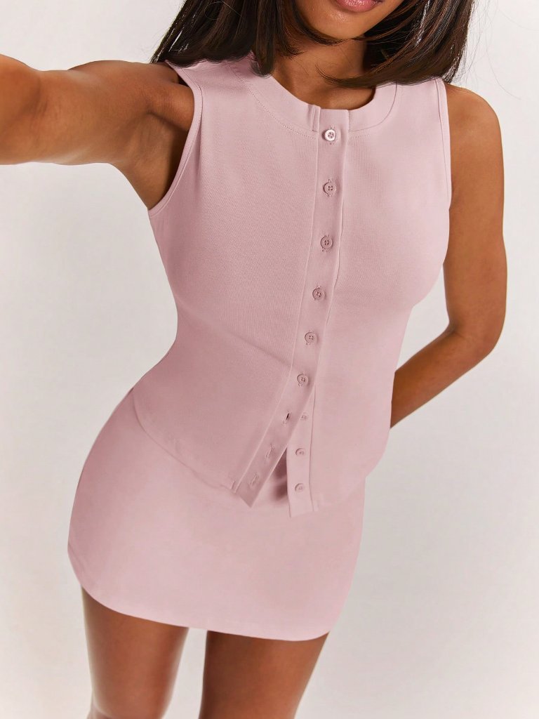 Pink Casual Knit Women's Button Down Knit Top & Lowwaist Mini Skirt Set